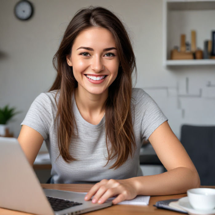 A person smiling while using a laptop at a home office desk, analyzing crypto market data.