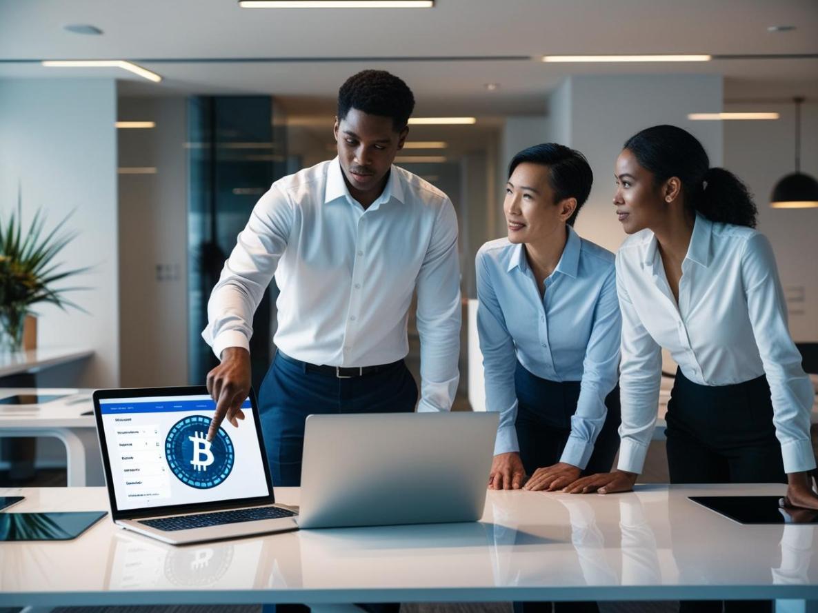 Three professionals discuss crypto funding options around a laptop in modern office.