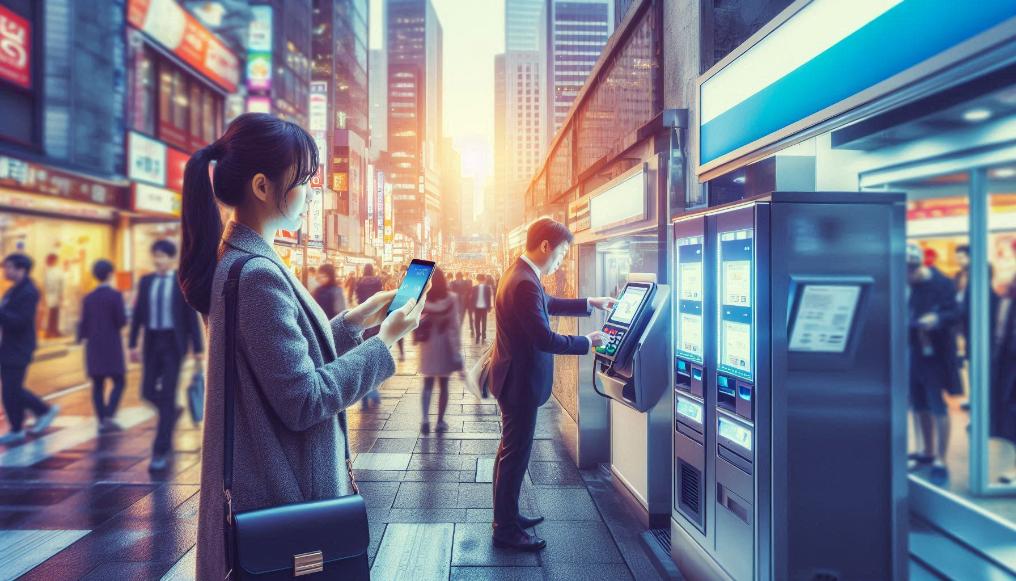 People using mobile payment systems on a busy Korean street, integrating digital finance.