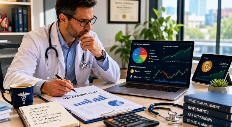 Doctor balancing medicine and investments